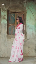 white and red linen  flower saree