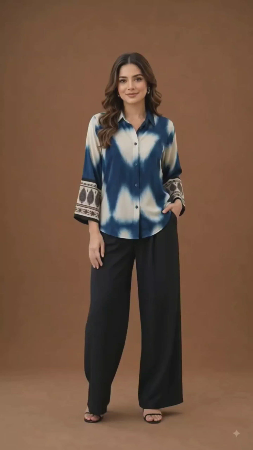 Indigo Tie-Dye natural crape Shirt for Women with Paisley Border Sleeves