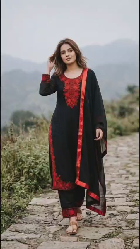 Black & Crimson Embroidered Pakistani Style Suit Set with Dupatta