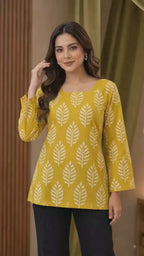 Mustard Yellow Leaf Print Square Neck Top for Women