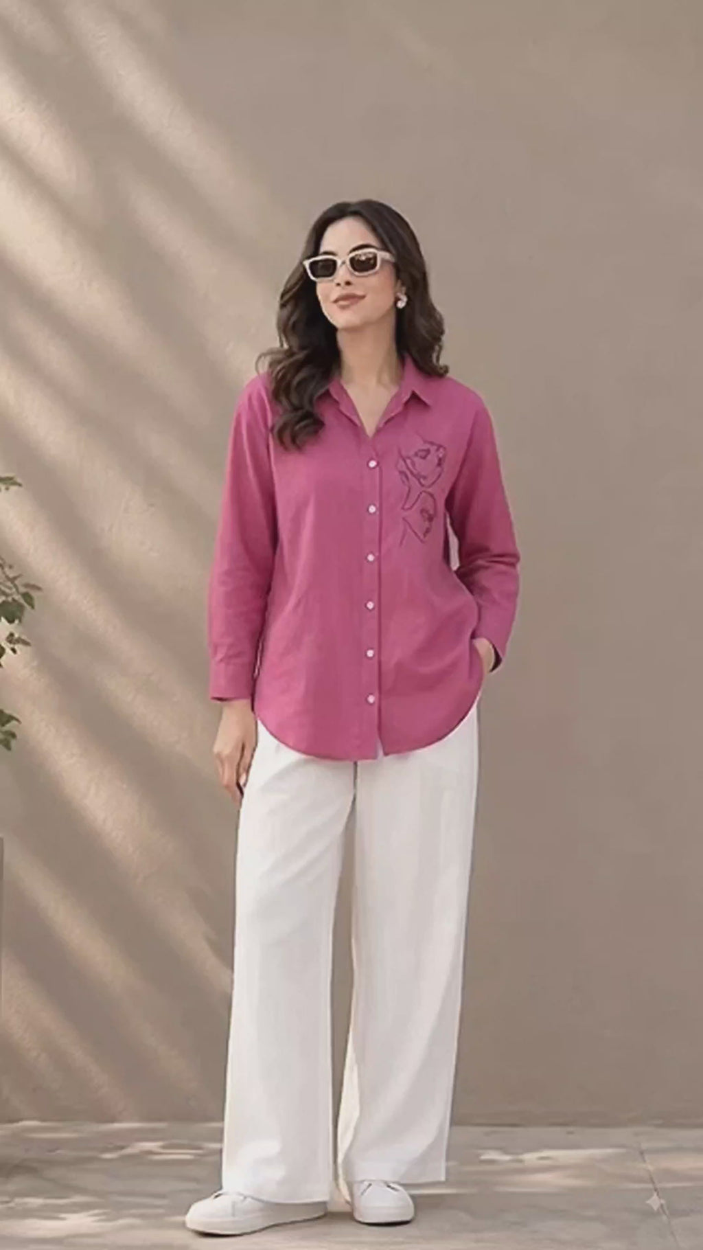 Women's Pink Face Line Art Embroidered Cotton Shirt | Relaxed Fit