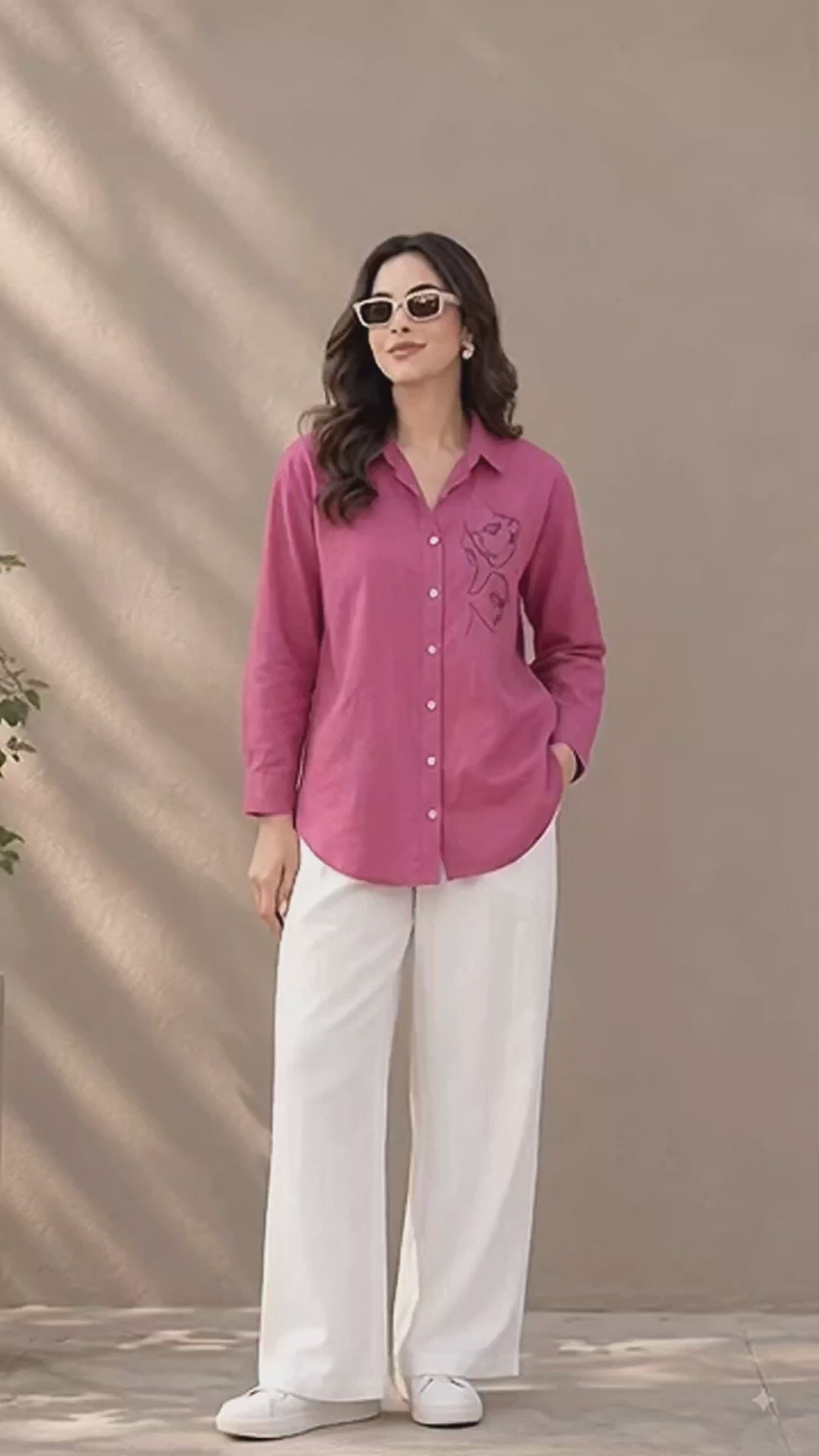 Women's Pink Face Line Art Embroidered Cotton Shirt | Relaxed Fit