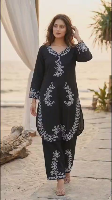 Midnight Bloom Embroidered Co-Ord Set for Women