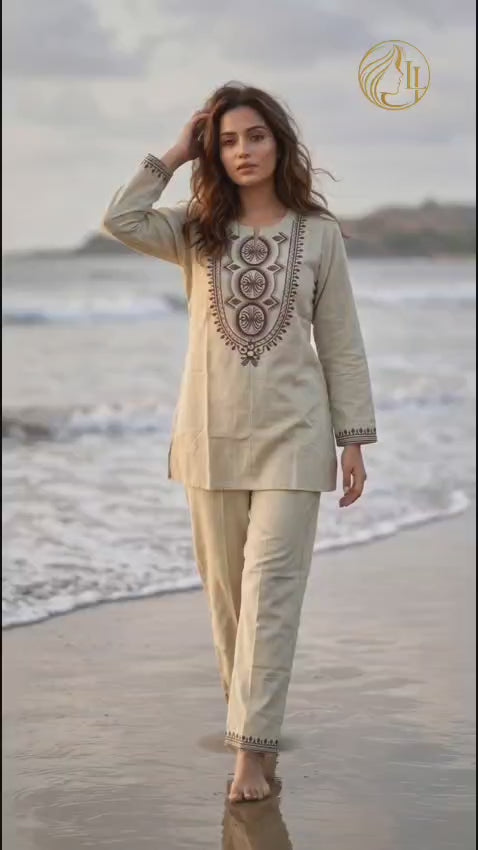 Premium Embroidered Cotton Co-Ord Set for Women | Ethnic Casual Kurta Pant Set
