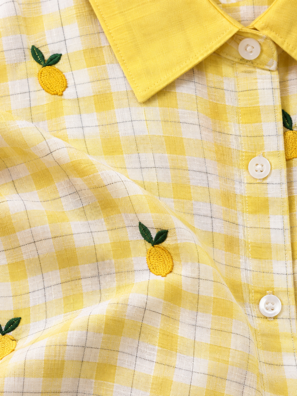 Yellow Checkered Lemon Print Pure Crepe Shirt