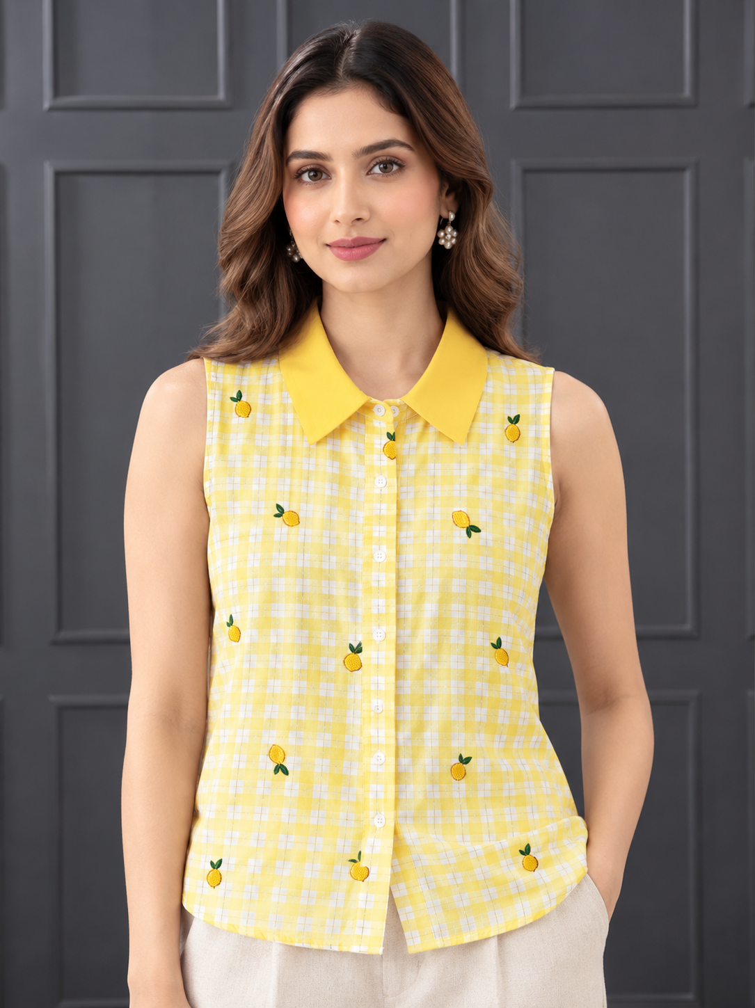 Yellow Checkered Lemon Print Pure Crepe Shirt