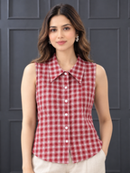 Red Checkered Pure Crepe Sleeveless Shirt