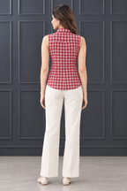 Red Checkered Pure Crepe Sleeveless Shirt