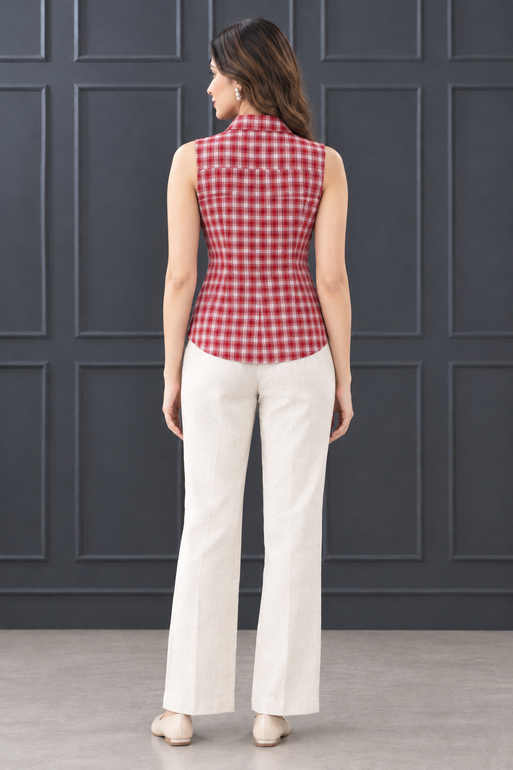Red Checkered Pure Crepe Sleeveless Shirt