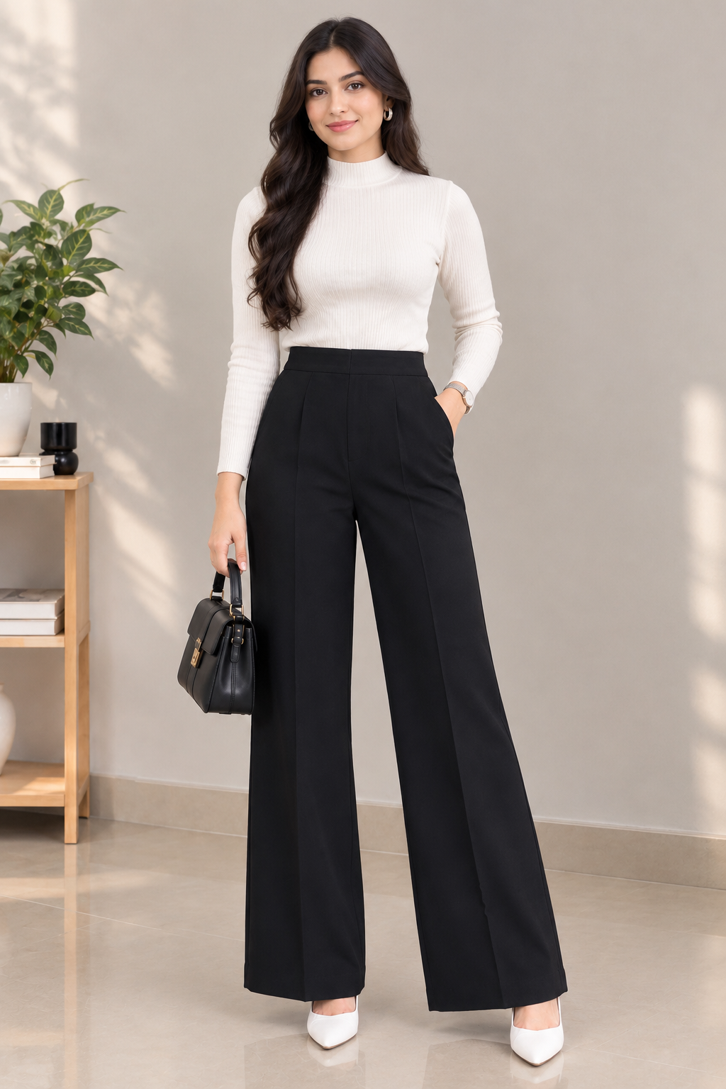Black pure Lycra Wide-Leg Comfort Pants –  black