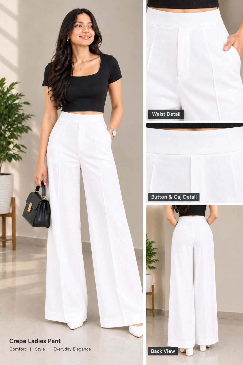 Comfort Fit White Crepe Wide-Leg Pants