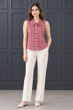 Red Checkered Pure Crepe Sleeveless Shirt