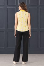 Yellow Checkered Lemon Print Pure Crepe Shirt