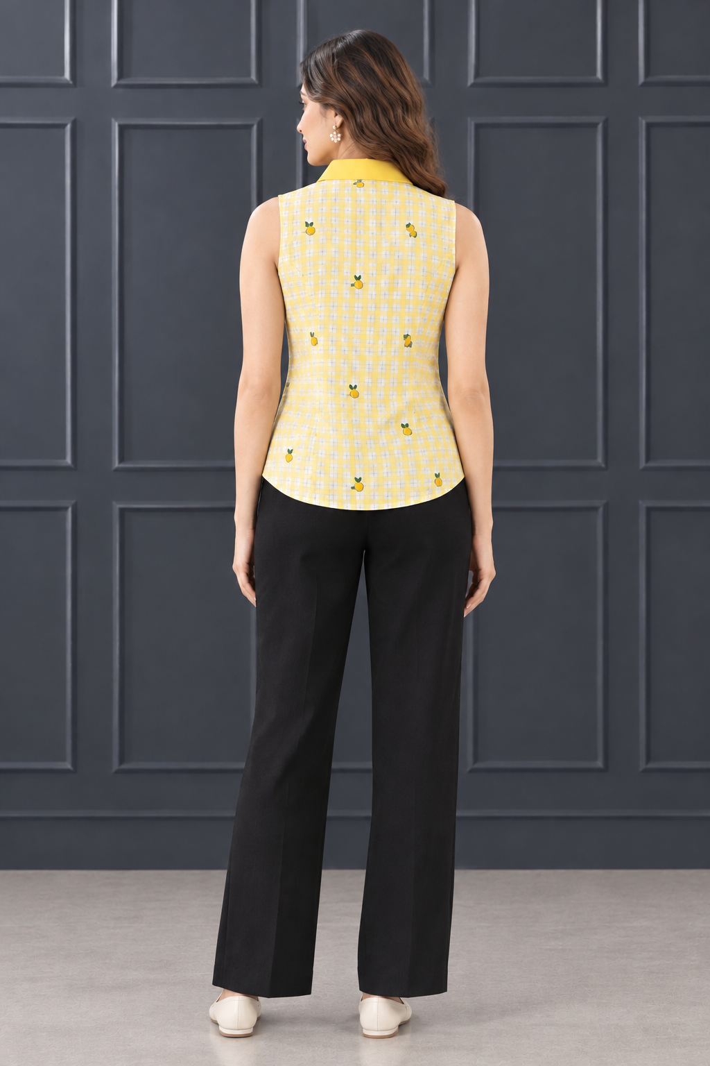 Yellow Checkered Lemon Print Pure Crepe Shirt