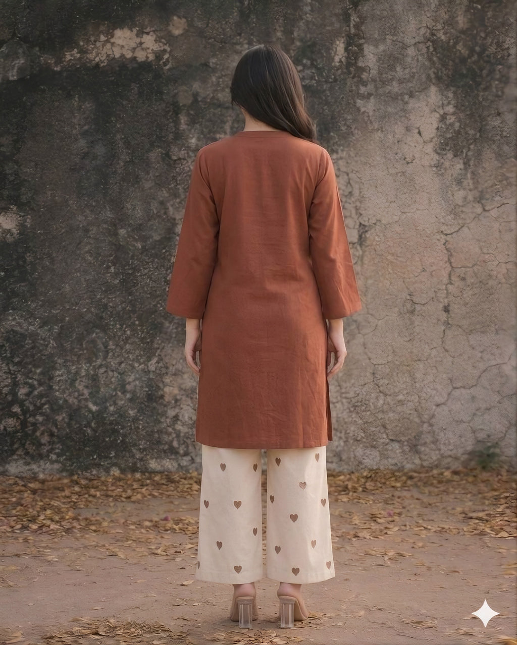 Mocha Charm Kurti & Heart embroidery Palazzo Set
